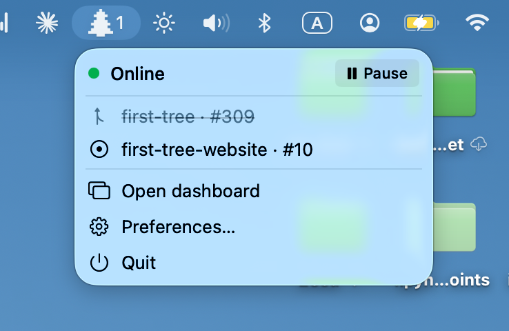 first-tree GitHub Scan menu bar dropdown showing Online status, two open inbox items (first-tree #309 and first-tree-website #10), and Open dashboard / Preferences / Quit buttons